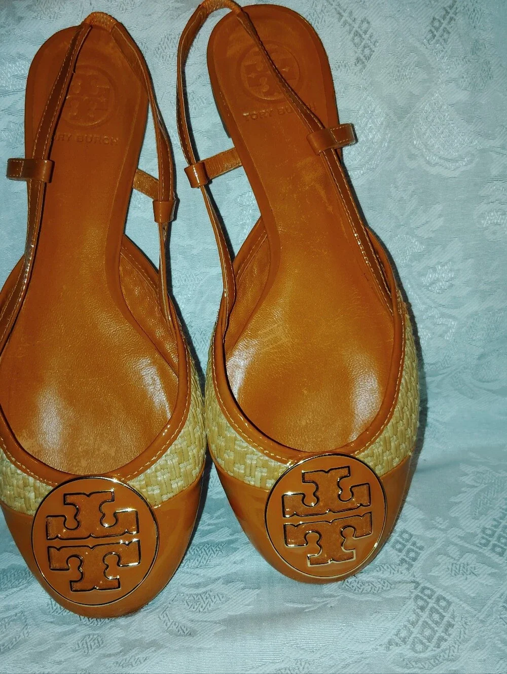 Tory Burch Raffia Patent Leather Logo Flat Slingbacks Orange Sz 8 M - Picture 4 of 8